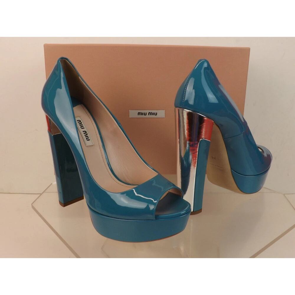 NIB MIU MIU PRADA 5KP267 LIGH BLUE PATENT LEATHER OPEN TOE SILVER HEEL PUMPS 39 - Picture 5 of 10